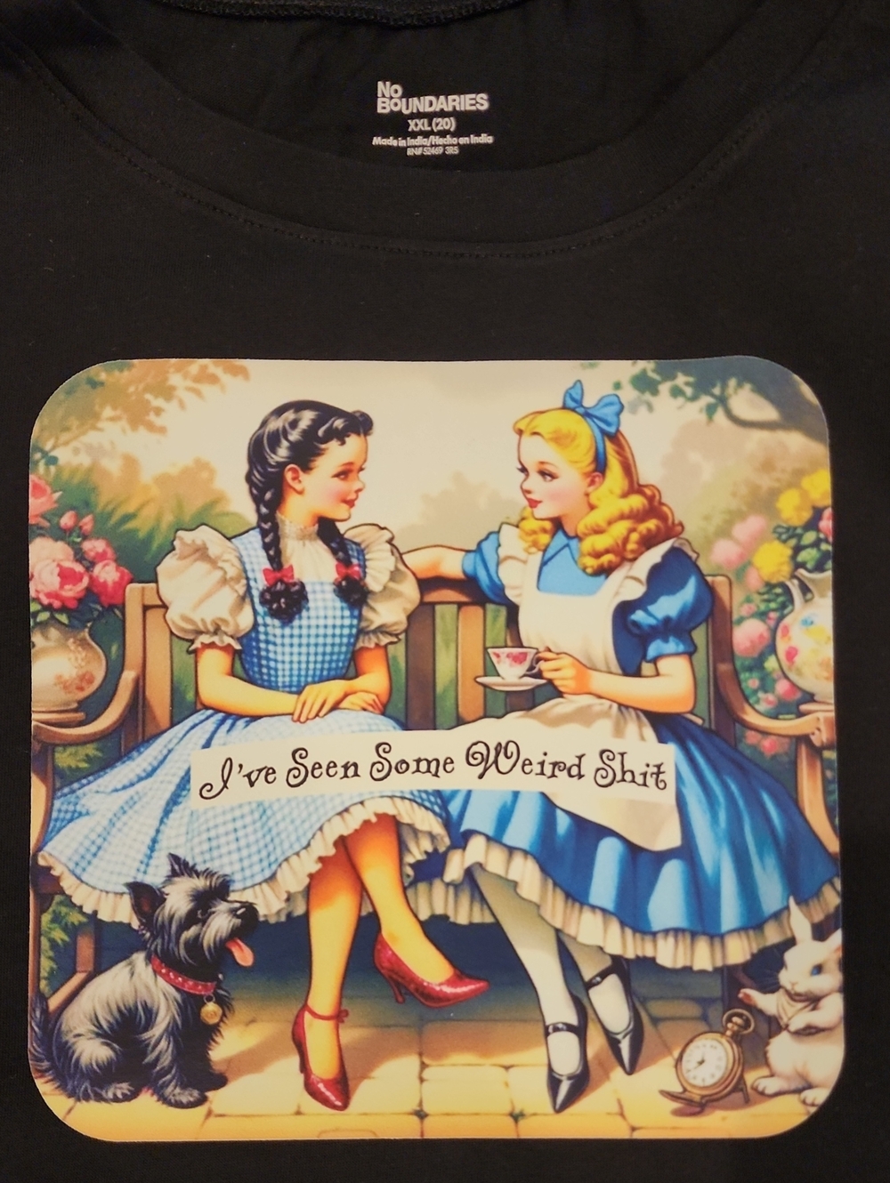 Black Graphic Crop Tee with Colorful Storybook Print